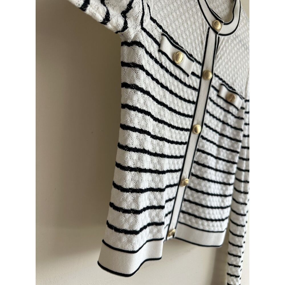 Ann Taylor SP Black White Striped Pointelle Knit Lady Jacket Cardigan - Picture 7 of 13